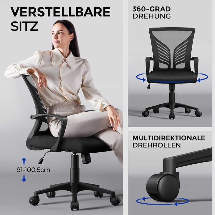 Ергономічне крісло Yaheetech для офісу та дому: регульоване, з підлокітниками, чорне