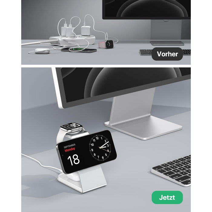 Зарядний стан MagSafe 3 в 1: для Apple Watch, iPhone та AirPods Pro 3/2. Бездротова зарядка для iPhone 16/15/14/13/12 (срібло)