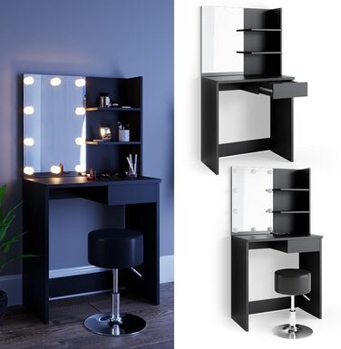 Vicco Vanity Table Decor, Black, 75 cm with LED Lighting and Stool