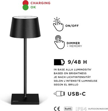 Стильна LED-лампа Stilosa на акумуляторі, бездротова, диммер, сенсорне управління, USB-C зарядка, для дому та на вулицю, квадратна база (30 см), чорна