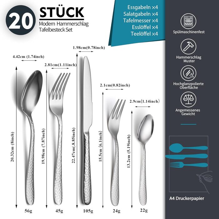 Набір столових приборів EIUBUIE з нержавіючої сталі 20 предметів, молоткова обробка, для 6 осіб, полірований, для дому та вечірок, можна мити в посудомийній машині