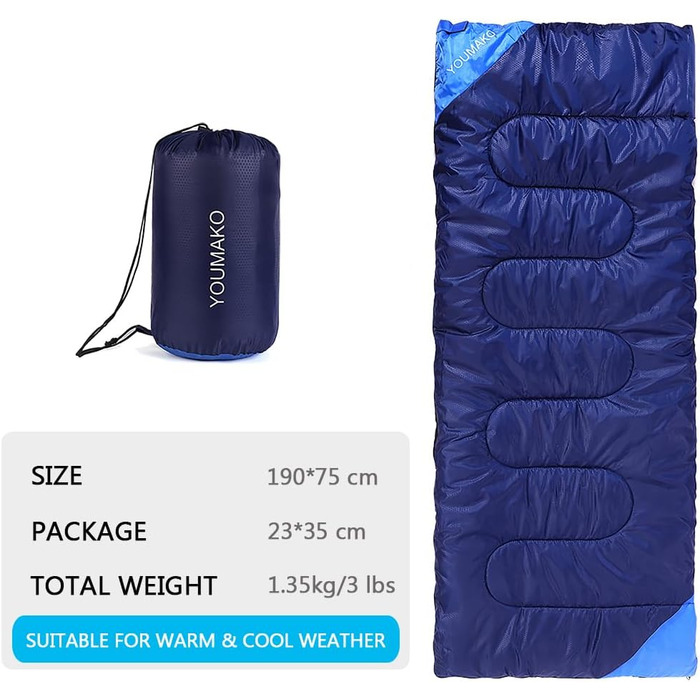Сплячий мішок для дорослих та дітей – легкий, водонепроникний, зручний для весни, літа, осені – піші прогулянки, подорожі, кемпінг (королівський синій)