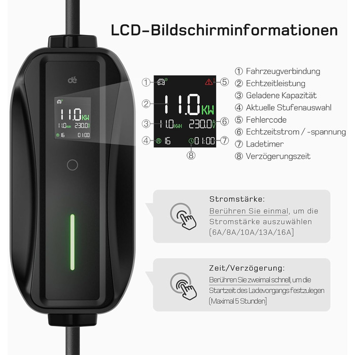 Мобільна зарядна станція (Wallbox) 11 кВт [3-фазна|7м|6-16А] з регульованою потужністю, кабель CEE 16A на Typ 2 та зарядний пристрій для електромобілів Model Y/3, ID.3/4/5, MG4, EX30, e-up, e-tron, Zoe та інших EV (CEE 11 кВт, 5.5м)