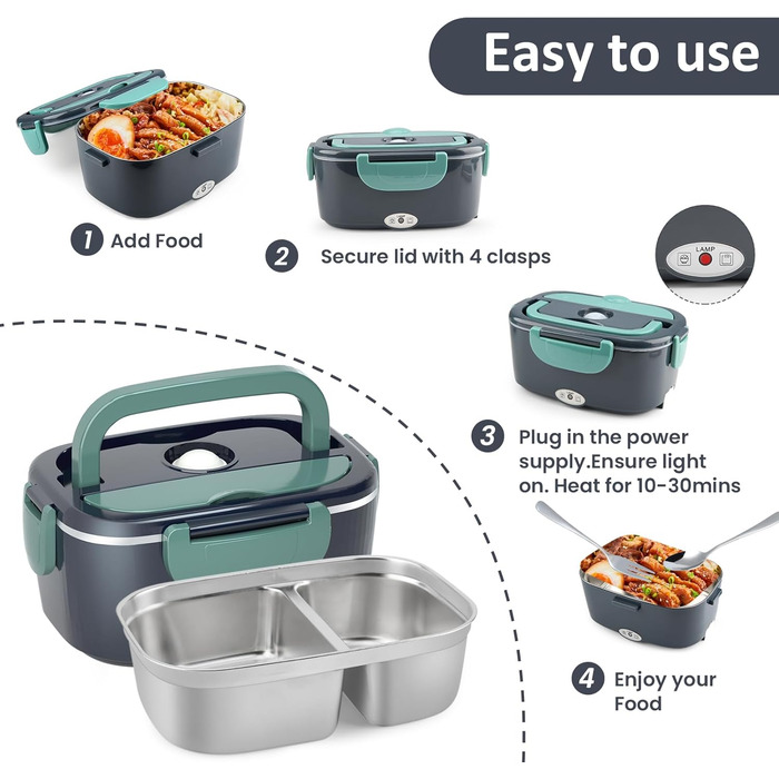 Electric Lunch Box 100W, 3-in-1 Portable Heated Lunch Box, 1.5L Stainless Steel Removable Food Container, 12V/24V/220V Insulated Food Warmer Box for Car/Truck/Office (Blue & Green, 1.5 L)