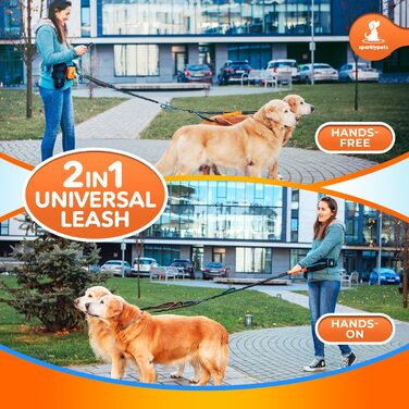 Спортивна повідка на талію для собак SparklyPets - Hands Free для середніх та великих порід. Комплект: тримач для телефону, пакети для екскрементів, кишеня для ласощів та тримач для пляшки. Оранжевий, для двох собак