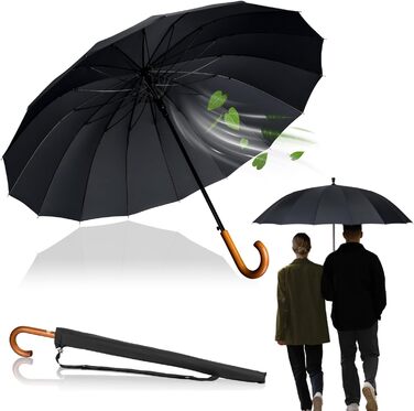 Edinburgh Windproof Umbrella - Large 16-Rib Black Umbrella with Wooden Handle & Silent Tip - LOGAN & BARNES