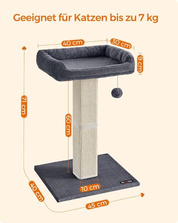 Feandrea Cat Tree, Cat Tower with 40 x 30 cm Plush Platform, Scratch Post, Cat Scratching Post, 71 cm High, Sisal-Wrapped Scratching Post, 45 x 40 cm Base, with Plush Ball, PCA022W01 (Dark Grey)