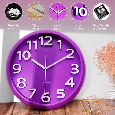 Plumeet 40.6cm Extra Large Wall Clock, Non-Ticking Silent Quartz Decorative Clocks, Modern Style Good for Living Room, Kitchen, Living Room, Bedroom, Office, Large 3D Number Display, (White) (25 cm, Violet)