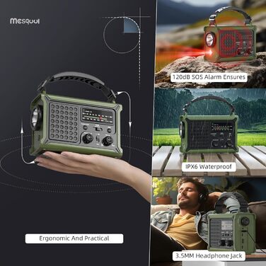 Сонячне радіо з ручним приводом 12000mAh, портативний приймач світу, радіо для надзвичайних ситуацій з AM/FM, 8500 мм² сонячна панель, Powerbank, ліхтарик та світло для читання, для виживання та відключень електроенергії (зелене)