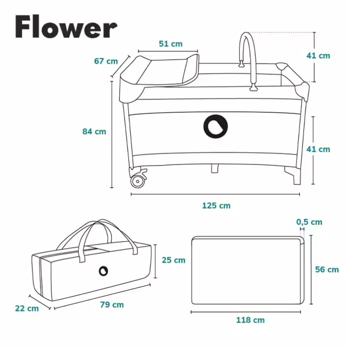 Lionelo Flower 4in1 Travel Cot Baby, Playpen Baby with Side Entrance, Changing Table, Two Mattress Suspension Heights, Play Arch with Figures, Wheels, Carry Bag 1 Piece (1 Pack) Light Grey