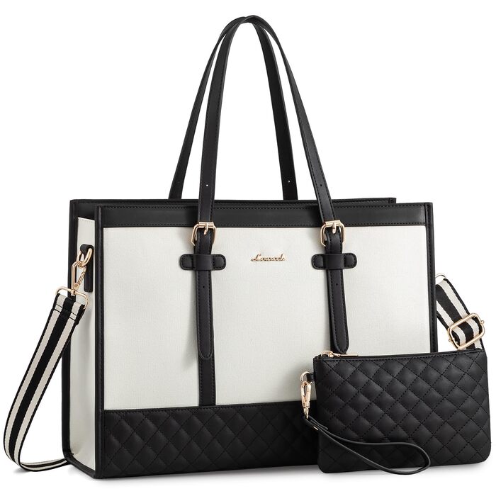 Сумка для ноутбука LOVEVOOK жіноча, сумка-шопер для роботи, університету, офісу, 17.3 дюйми (чорно-біла)