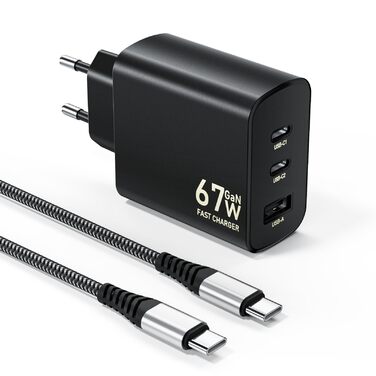 Зарядний пристрій USB-C 67W 3-Port PD PPS для MacBook, iPhone, Samsung Galaxy, iPad, Pixel - Чорний