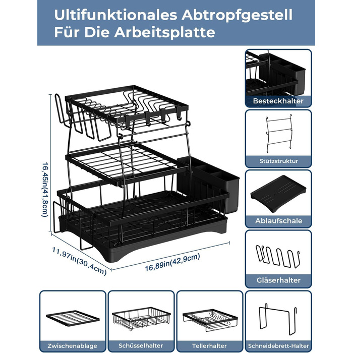 Сушарка для посуду Yissvic з нержавіючої сталі, 3-рівнева, з піддоном, тримачем для ножів та дощечкою для нарізання, поворотним виливом, чорна