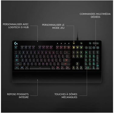 Ігрова клавіатура Logitech G213 Prodigy з RGB-підсвічуванням, програмовані клавіші G, мультимедійне керування, підставка для зап'ястя, захист від бризок, QWERTZ-розкладка (німецька)