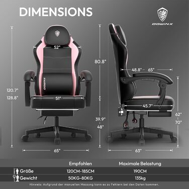 Ігровий крісло Dowinx з PU-шкіри, ергономічний, з підтримкою попереку, для ПК, до 150 кг, рожевий