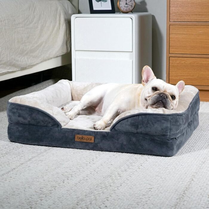 Ортопедичне ліжко для собак BELLA & PAL, 71x59 см - комфортне собаче ліжко з ефектом пам'яті, водовідштовхувальна підкладка, знімний фланелевий чохол, протиковзке дно, сіре
