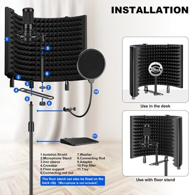 Акустичний ізоляційний екран для мікрофона AOKEO Ao-504 з поп-фільтром та кріпленням, шумопоглинальний захисний щит