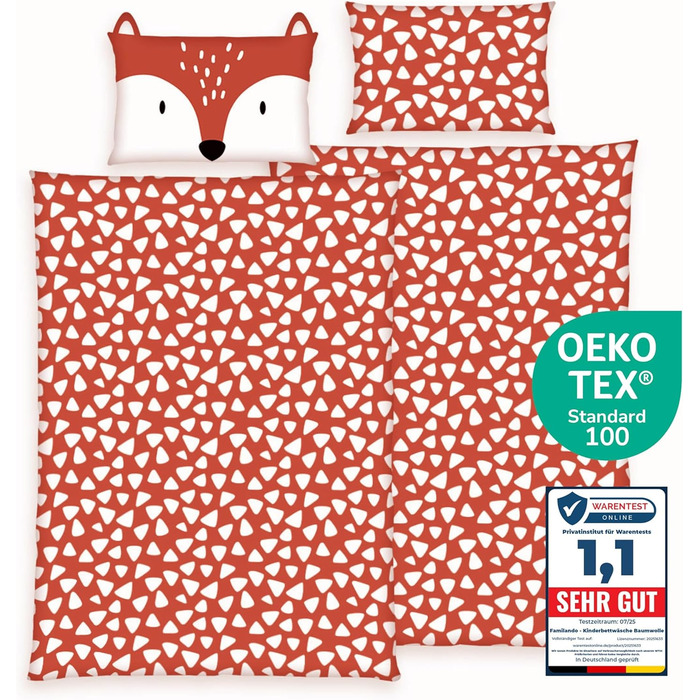 Дитяча постільна брова (2-х частинна) з 100% бавовни Oeko-Tex: ковдра 100x135 см та подушка 40x60 см з блискавкою. Дитяча постіль: дихаюча, терморегулююча, з принтом тварин (лисиця).