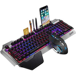 Бездротовий комплект клавіатури та миші для геймінгу 2.4G з підсвічуванням LED, 3000mAh, водонепроникний, механічні клавіші, 6 кнопок, 2400 DPI, Anti-Ghosting, чорний/кольорове підсвічування