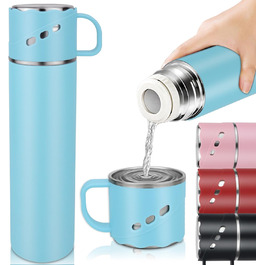 Термос з нержавіючої сталі 550 мл - термос-пляшка без протікань з чашкою та ручкою, вакуумний термокухоль 12 год гаряче / 12 год холодне, неслизький келих для кави в дорозі для спорту, роботи, школи, авто (Блакитний)