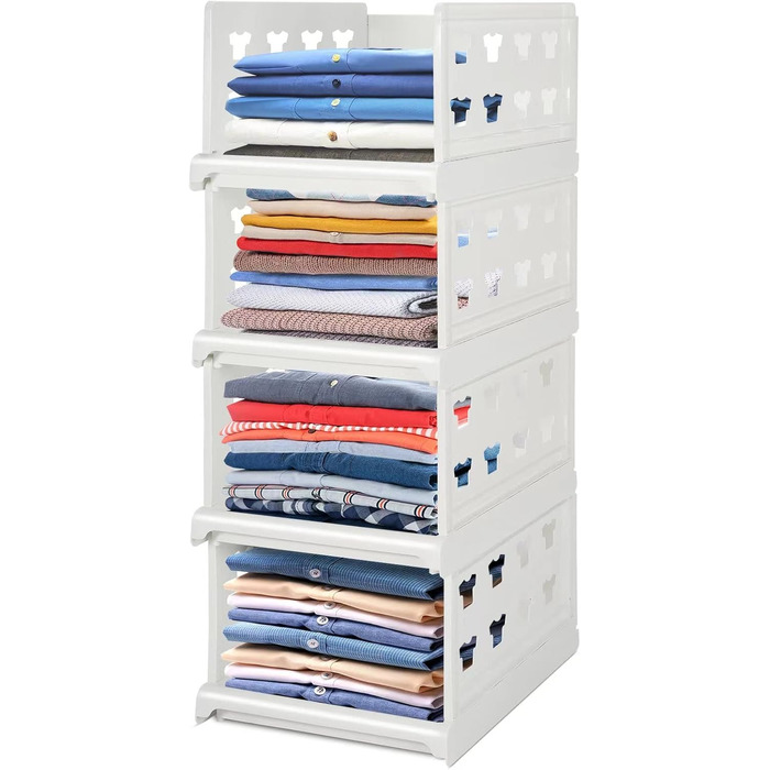 Hossejoy Extra Large Set of 4 Stackable Closet Storage Organizers, Foldable Closet Storage Box Organizers, Plastic Closet Organizer, Shelves, Basket, Bedroom, Office