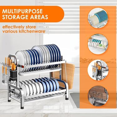 Сушарка для посуду Devesanter 2 яруси, 42 см, багатофункціональна, з піддоном, для ножів та обробної дошки (срібна)