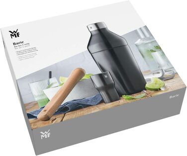 Набір бармена WMF Baric Cocktail Set 4-piece: шейкер, мірний стакан, щипці для льоду, мадлер, дерев'яний, у подарунковій коробці