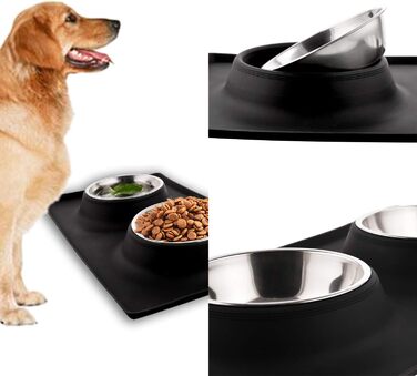 Набори мисок для собак та котів MOACC: 2 шт. по 400 мл, нержавіюча сталь, антиковзаюча підставка, для подорожей, чорний квадрат