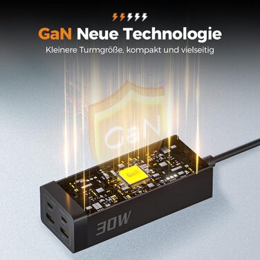 Мережевий фільтр TESSAN 30W USB-C з GaN, 2 розетки, кабель 2м, захист від перенапруги 3600W, чорний