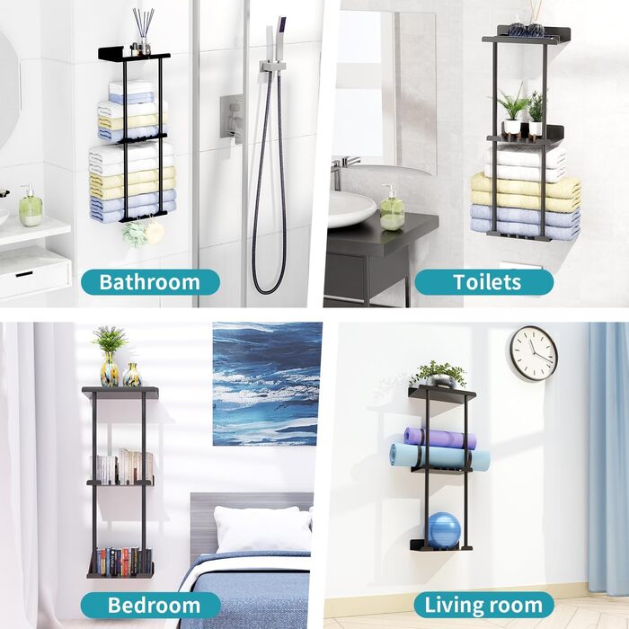 Тримач для рушників без свердління, чорний, з 6 гачками та полицею для ванної кімнати та кухні