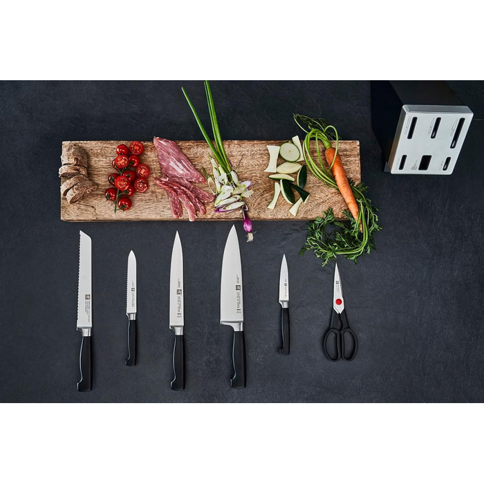 ZWILLING Vier Sterne Self-Sharpening Knife Block Set - 7 Piece German Stainless Steel Knife Set with Scissors & Black Handles