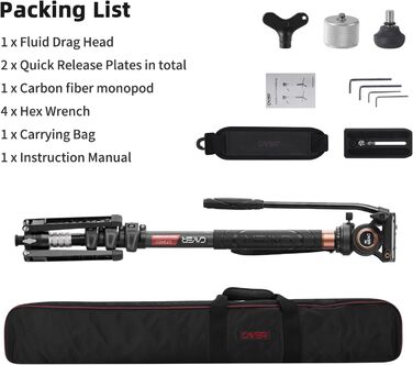 Штатив відео Cayer CF34DV з вуглецевого волокна 71 дюйм, з шарнірним голковим кріпленням та триногим основанням для DSLR-камер та відеокамер, з додатковою ковзною платформою