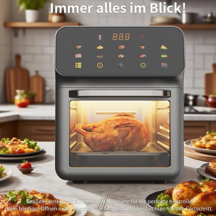 Фритюрниця Chefio HeißluftFritteuse: 12 літрів, 1350W, з вікном, без олії, 10 програм, FD-1015B, сіра