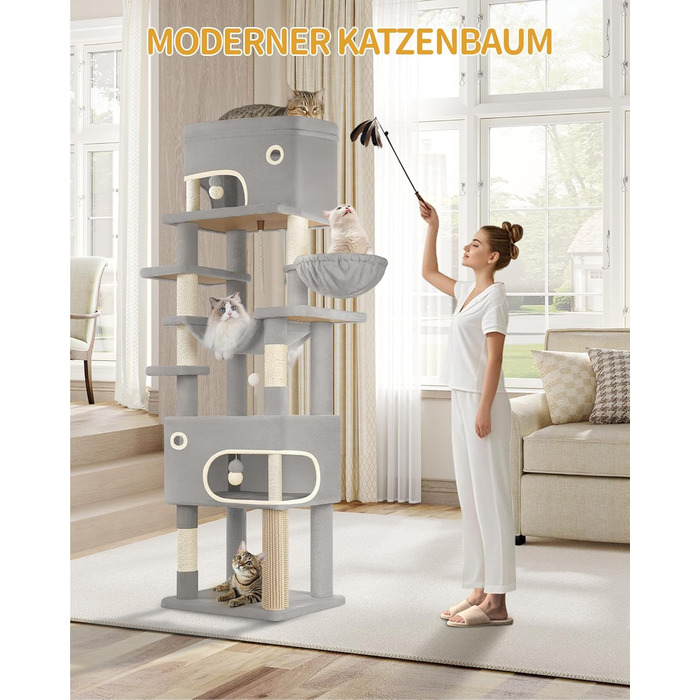 Когтеточка для котів Hzuaneri XXL (203 см) з великою платформою, 2 печери, 7 стовпчиків, помпонами, лежаками та гамаком. Підходить для всіх порід котів. MS20318YL (Світло-сірий)