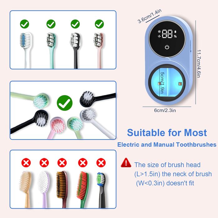 Biodzzs Wall-Mounted Toothbrush Holder and Cleaner, Smart Light Cleaning and Fan Drying, Automatic Rotating Cover, Toothbrush Case with Digital Display, Portable, Blue