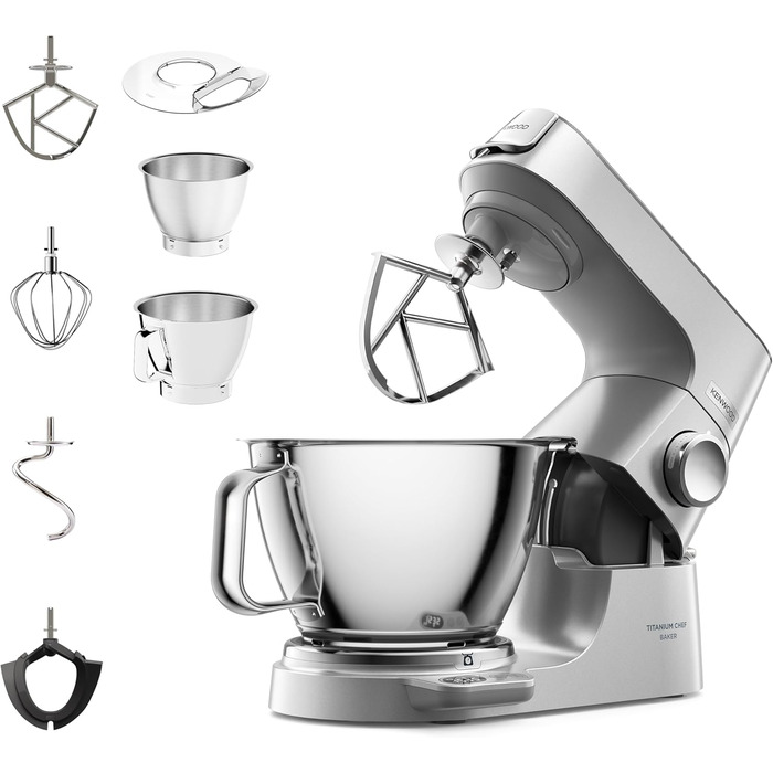 Кухонна машина Kenwood Titanium Chef Baker KVC85.004SI з вбудованими вагами, 1200 Вт, 2 чаші (5 л та 3,5 л), набір для кондитерських виробів, плавне регулювання швидкості, срібляста