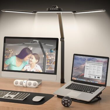 LED лампа для столу Rigors 60 см з двома головками, диммування, 900 лм, денне світло, захист очей, кріплення, 5 кольорів, 10 рівнів яскравості, гнучкий шийка 360°, з адаптером живлення (Th-black)