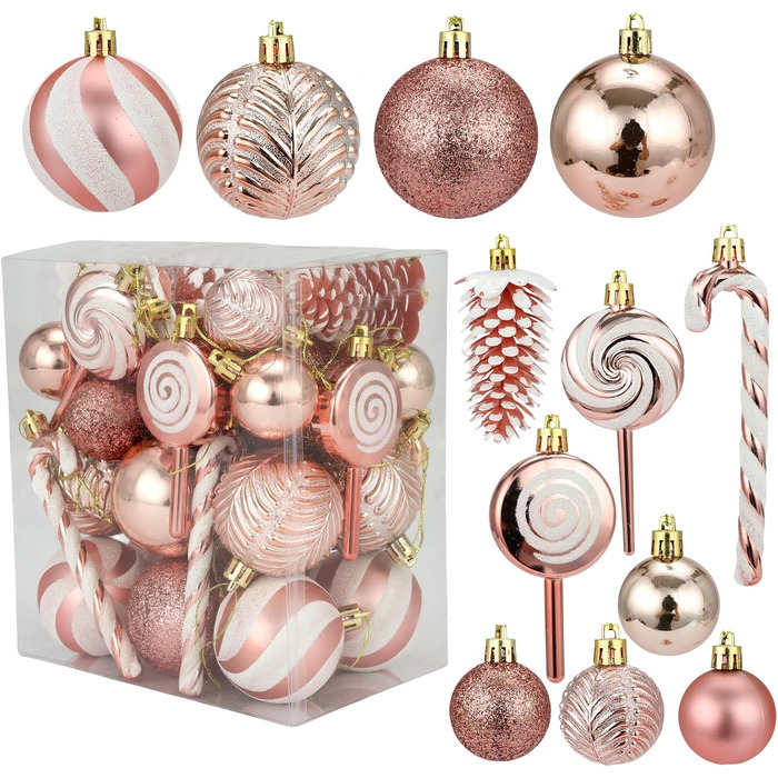 Набір прикрас для ялинки 40 шт. Рожево-золоті кульки для ялинки з пластику, міцні, святкові прикраси