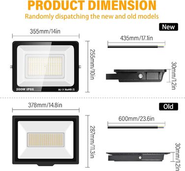 RIGIDON 2x 75W LED Floodlights Outdoor, 7500LM Outdoor Floodlight, 3000K Warm White IP66 Waterproof LED Floodlight, Outdoor Lamp for Garden, Courtyards, Garage, Hotel, Sports Field, Workshop (1 x 200W)