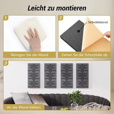Акустичні панелі TONOR з дерев'яним шпоном, самоклеючі (4 шт, 60x30x4.7 см), звукопоглинаючі стінові панелі для обробки та декору вітальні або офісу, чорні