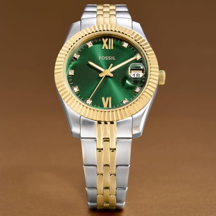 Жіночий кварцовий годинник Fossil Scarlette 33мм з датами та сталевим браслетом, колір: холодне зелене