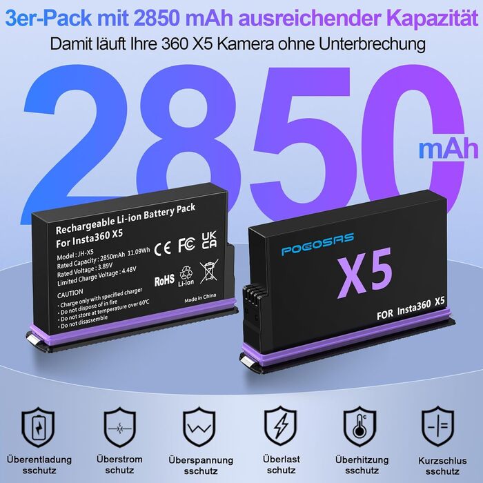 Акумулятор Insta360 X5, 2 шт., 2850mAh, з зарядним пристроєм Type-C, сумісний з Insta360 X5