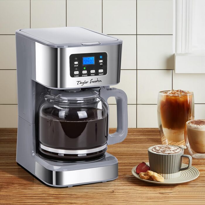 Кавомашина Taylor Swoden Darcy 950W з таймером, 1.5L, 12 чашок, автоматичне відключення, стоп-капля, багаторазовий фільтр, BPA-free (сіра)