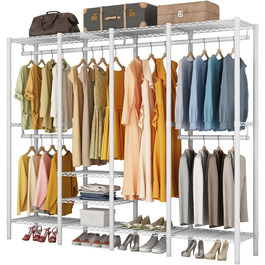 KZOBYD Clothes Rack, Coat Rack with 6 Height-Adjustable Shelves, Clothes Rail with 4 Hanging Compartments, Plenty of Space, for Bedroom, Living Room (White)