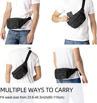Чоловіча та жіноча поясна сумка FREETOO з 6 кишенями на блискавці – водонепроникна бананка для прогулянок з собакою, бігу, походів, подорожей та відпочинку, чорна