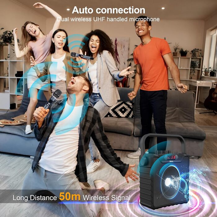 Портативна караоке-машина з 2 UHF мікрофонами, Bluetooth, підсилювач басів для дітей та дорослих, PA-система