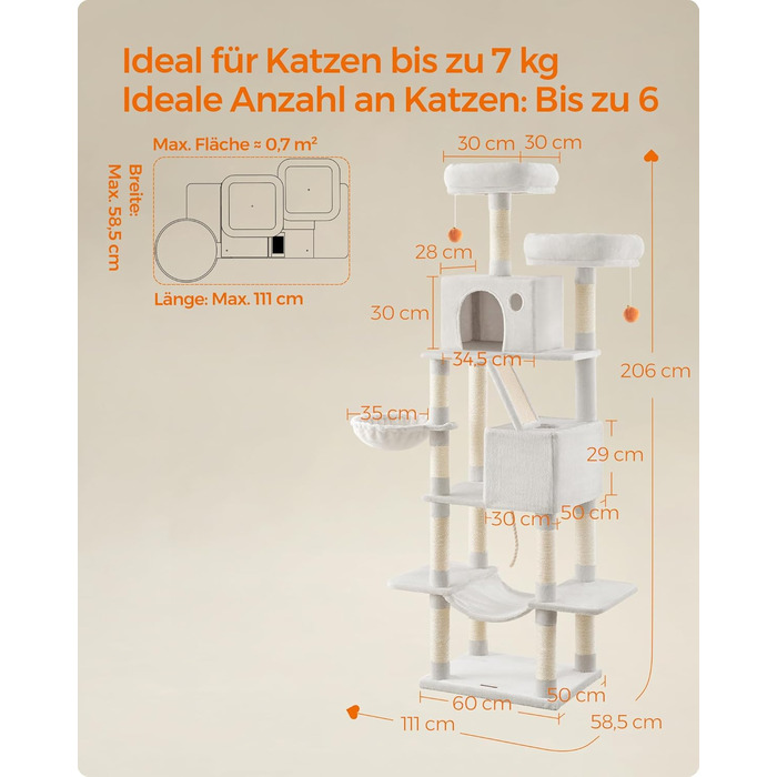 Драбина для котів Feandrea, 206 см, XXL, з 13 стовпчиками для дряпання, 2 платформами, 2 хованками, кошиком, помпонами, багатоярусна, кремово-біла, для дому (60 x 50 x 206 см)
