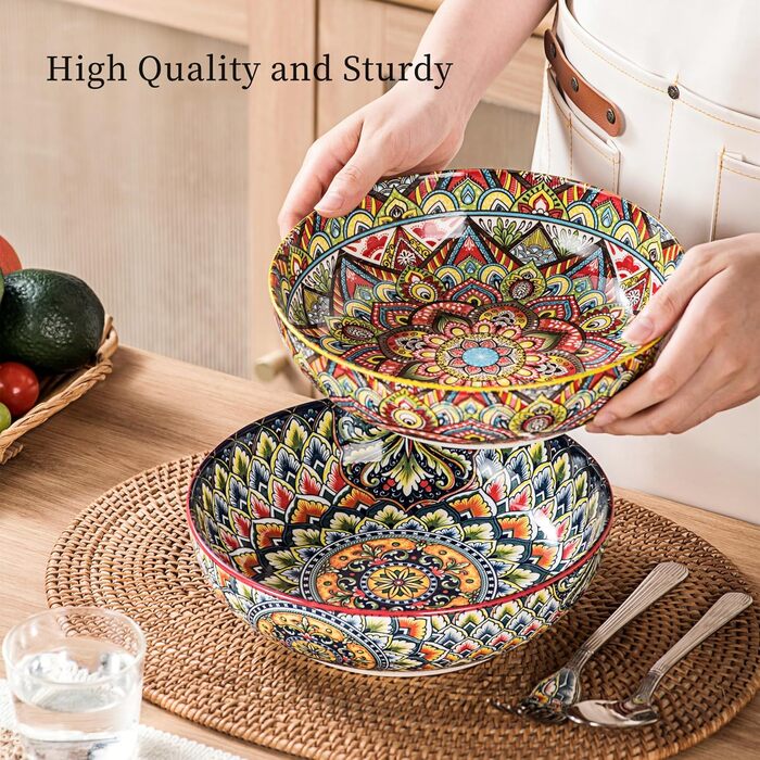 Набір тарілок Henten Home Mylo (2 шт.): супові та глибокі, 1500 мл. Тарілки для супу, пасти, салату в богемному стилі Boho, рожево-червоні відтінки