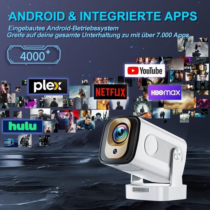 4K проєктор Beamer Full HD 1080P Android: портативний міні-проєктор з WiFi 6, Bluetooth 5.2, 270° обертанням, підтримкою PC/HDMI/USB, з пультом та мишкою, білий