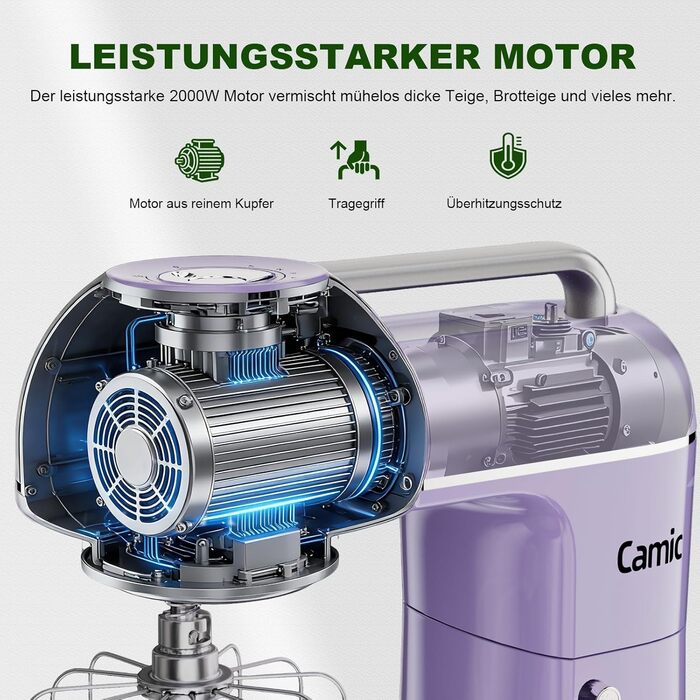 Кухонна машина Camic 2000W: планетарний міксер з чашею з нержавіючої сталі 7л, 10 швидкостями, набором насадок та захистом від бризок, світло-фіолетова